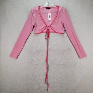 NWT CBR Pink Ribbed Knit Barbiecore Tie Front Sexy Slim Long Sleeve Crop Top